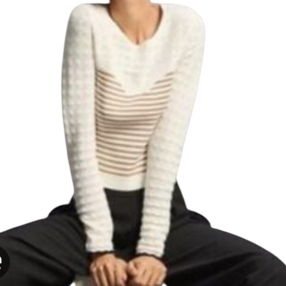 Anthropologie Maeve Sweater Womens Large White Tan Striped Pointelle Long Sleeve - Picture 2 of 10